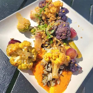 Honey-Glazed Cauliflower (Honey roasted carrot puree, wild rice pilaf, Spring veggies, honey blistered grapes, sunflower brittle)