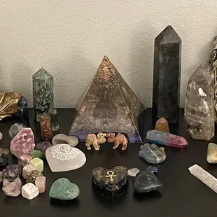 Selenite heart, pyrite skull, fluorite skulls and camels were my favorite loot