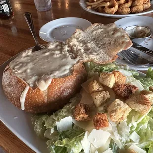 Sourdough bread Bowl chowder with salad