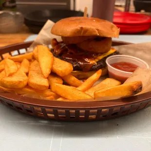 a burger and fries
