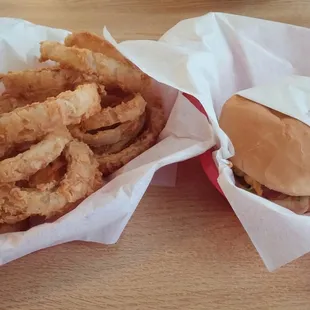 Bacon cheese burger with damn good onion rings.