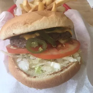 Cheeseburger with jalapenos, mayo and mustard all the way - burgers made to order