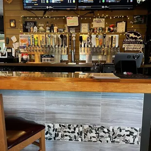 a bar with a counter and chairs