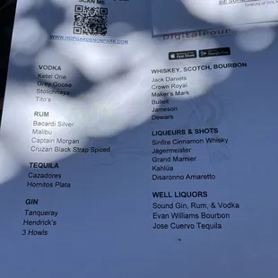 Their liquor menu as of June 11th, 2022