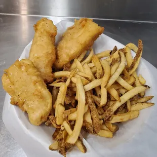 FISH &amp; CHIPS, 3 Piece Wild Pacific Cod. Each order is weighed and hand beer battered and fried to order, always served with hand cut fries