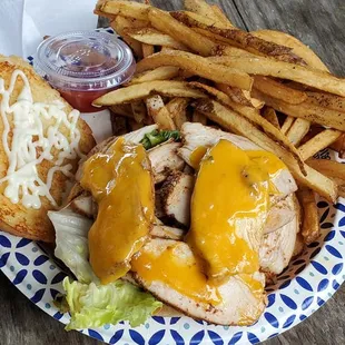 House rubbed slow smoked chicken breasts, served with lettuce, tomato, mayonnaise on a brioche bun, all sandwiches come with hand cut fries.