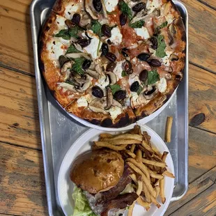 Pizza and burger and fries