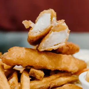 a pile of fried fish and chips