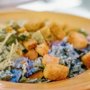 a salad with croutons