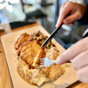 Honey fried chicken and the best gravy EVER. Comfort on a plate.