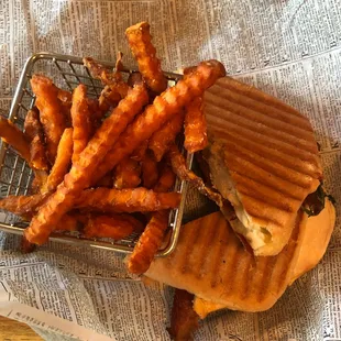 Bourbon apple chicken panini and sweet potato fries