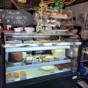 a display case of baked goods