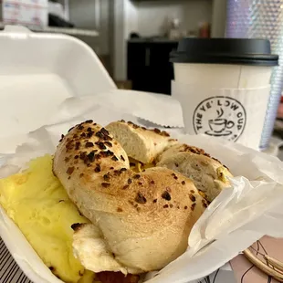 Garlic breakfast bagel + a side of Yellow Cup