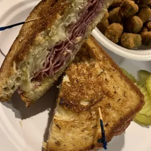 Grilled Reuben with a side of fried okra