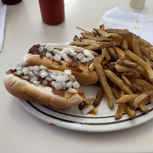 Beef coney dogs with onions and fries