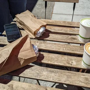 Burritos from the Hot Shop + coffees from Souvenir Coffee around the corner