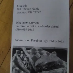Take out menu with address and phone number