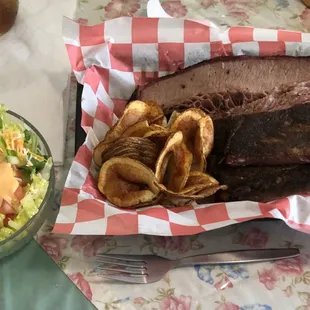 Salad, brisket, ribs and fries