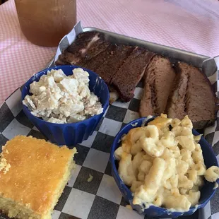 Ribs, Brisket with Mac n Cheese, loaded baked potato salad &amp; cornbread. Oh! And delicious Arnold Palmer!