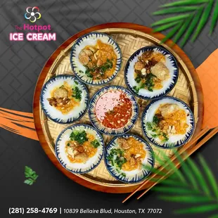 Banh beo is a Vietnamese steamed rice cake that is typically topped with savory ingredients such as shrimp, scallions, and crispy pork s