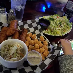 Fish n chips (tots). Cobb salad.