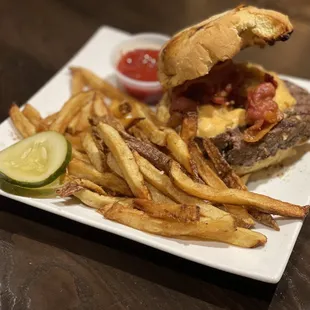 a burger and fries