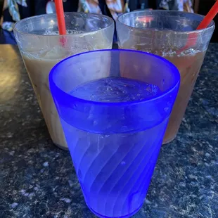 Ice tea and coffee and coolest water glass ever
