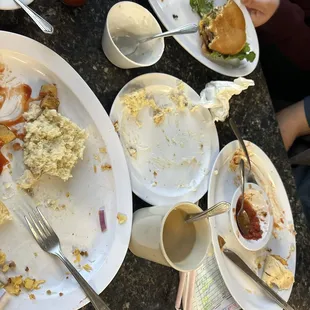 Burger, omelet, biscuits and sausage gravy
