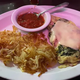 Ham and cheese omelet sub swiss cheese instead of cheddar and add spinach and mushroom