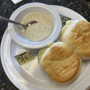 Biscuits and Gravy (came as a side with both our omelette and chicken fried steak - no extra charge)