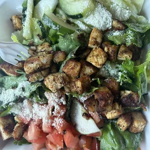 Chicken Caesar salad. Added tomatoes and cucumbers