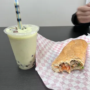 avocado shake with boba and Bo Nuong / Spicy Beef banh mi