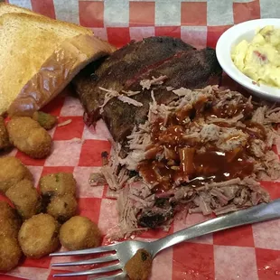 2meat combo okra is good, mustard potatoo salad not a fan  chopped beef great tender, toast good , ribs tender without smoke taste