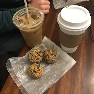 Iced coffee, house blend, and protein balls! Yum!!
