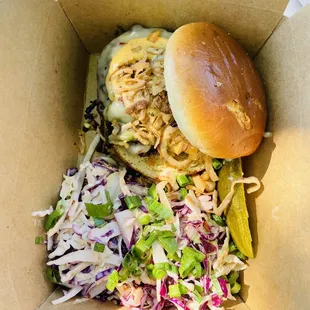 The house burger with spicy Cole slaw