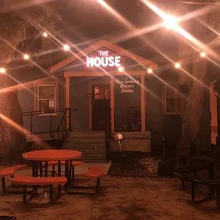 the front of the house at night