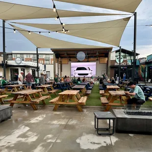 a group of people sitting at picnic tables