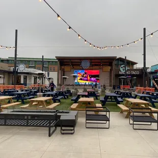 a large outdoor seating area with tables and benches