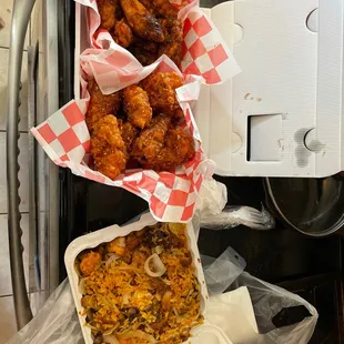 Korean Fried chicken and house special fried rice.