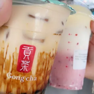 Dirty Brown Sugar Milk Tea and strawberry cream brûlée latte.