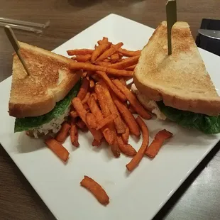 Chicken salad sandwich with sweet potato fries. Sooo yummy!