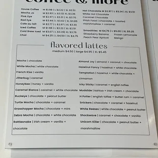 Coffee menu