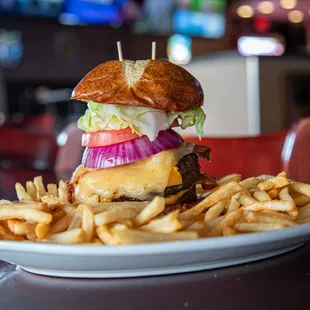 a cheeseburger and fries