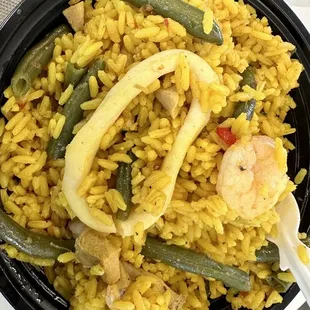 The Spaniard Paella with Chicken, Shrimp and 1 piece of Squid.