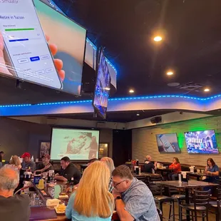 people sitting at tables and watching tvs