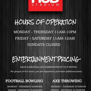 Hours Of Op for Hub Stadium.  9/10/2021