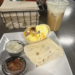 Loaded Breakfast Burrito, Vanilla Iced Latte with Whipped Cream