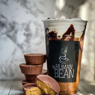 Peanut Butter Cold Brew with Chocolate Sauce, splash of Chocolate Milk and topped with Peanut Butter Cold Foam.