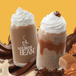 two drinks with whipped cream and chocolate