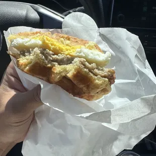 Sausage maple waffle sandwich